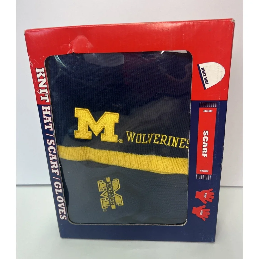 Vintage 90s Michigan Wolverines Knit Hat Scarf Gloves Gift Set NIB Deadstock